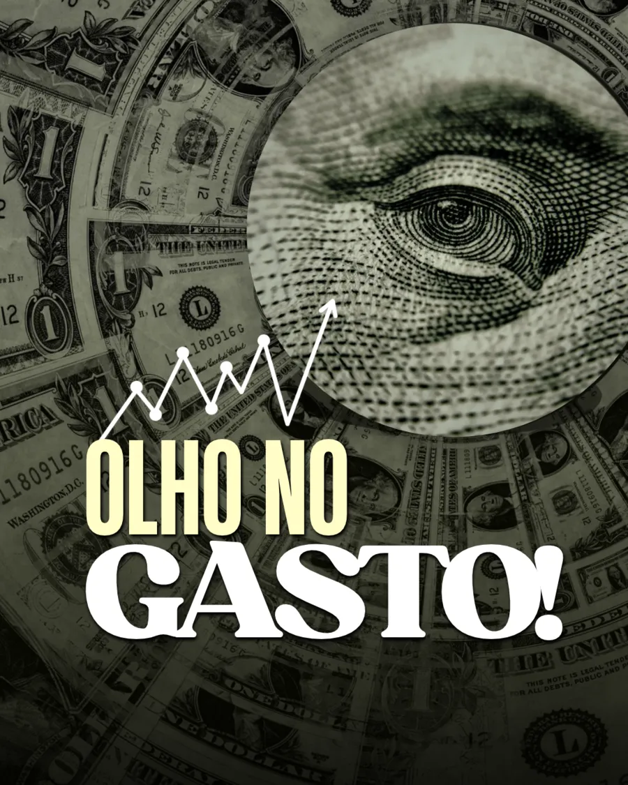 Capa do produto Olho no Gasto!: olho de uma nota de dólar com gráfico em alta